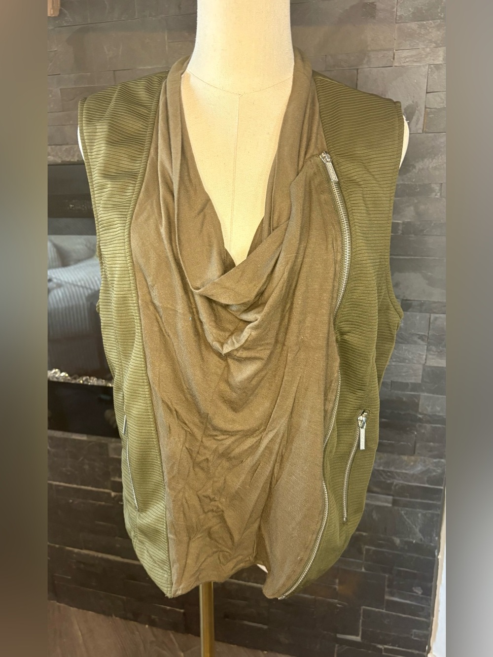 Kardashian Kollection Olive Green Ribbed Vest with waterfall front with zipzip